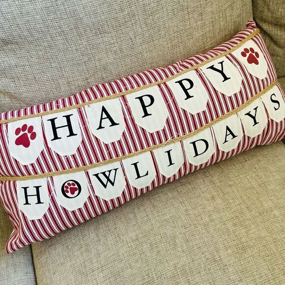 Christmas Happy Howlidays Dog Paw Print Farmhouse Throw Pillow - Picture 1 of 3
